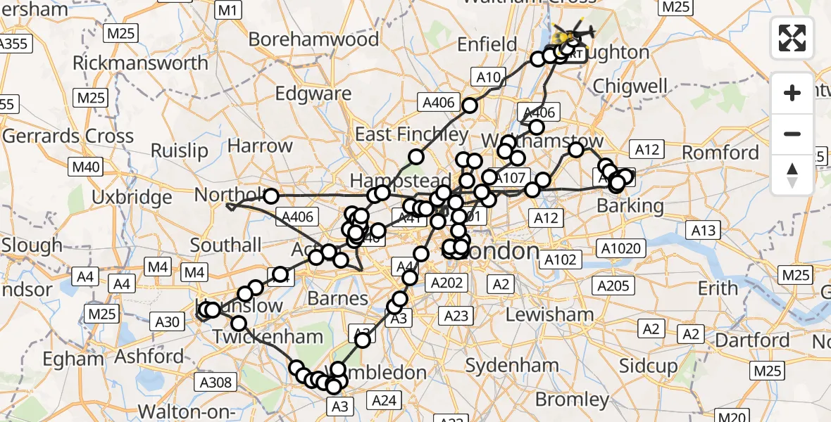 Flight route map: Police Helicopter to Sewardstonebury, Lippitts Hill