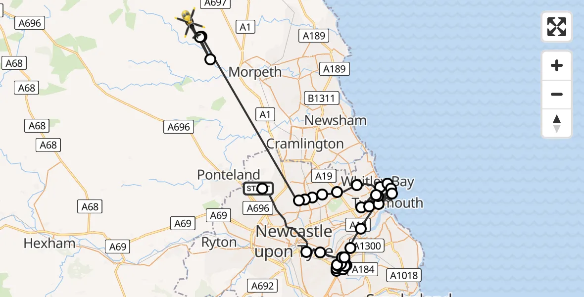 Routekaart van de vlucht: Police Helicopter to Netherwitton, Netherwitton