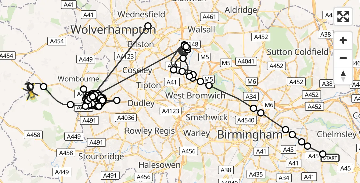 Routekaart van de vlucht: Police Helicopter to Bobbington, Bobbington