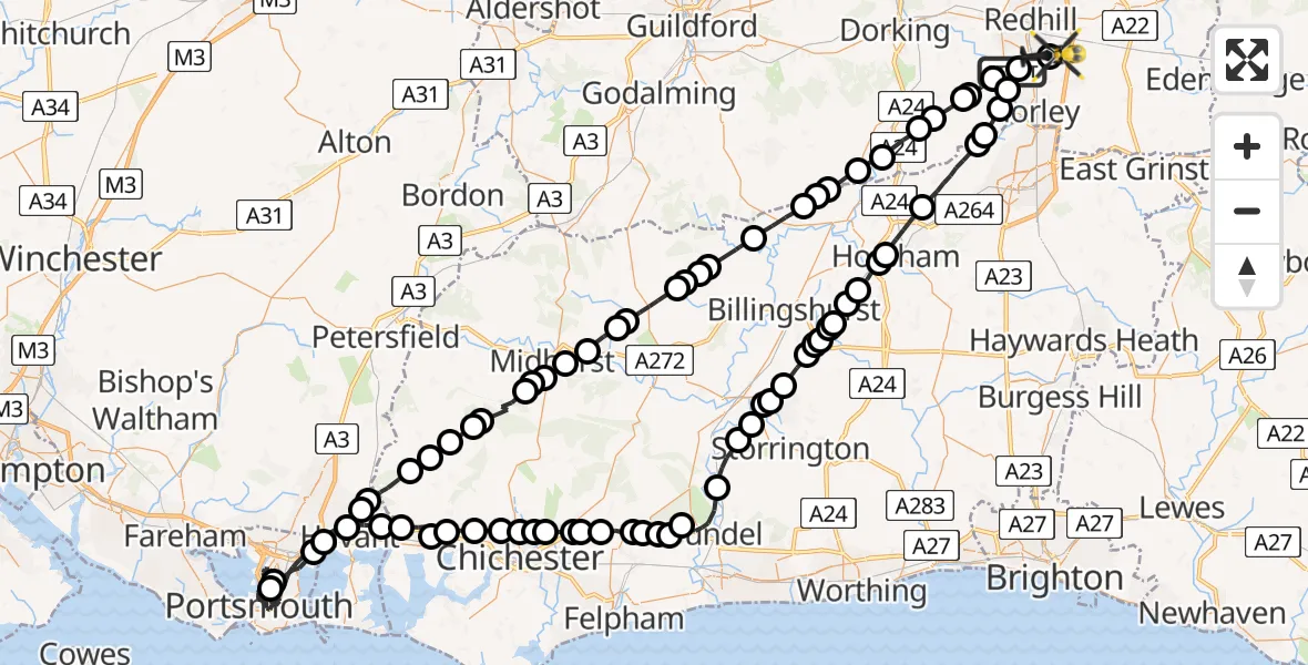 Flight route map: Police Helicopter to Redhill Aerodrome, Redhill Aerodrome