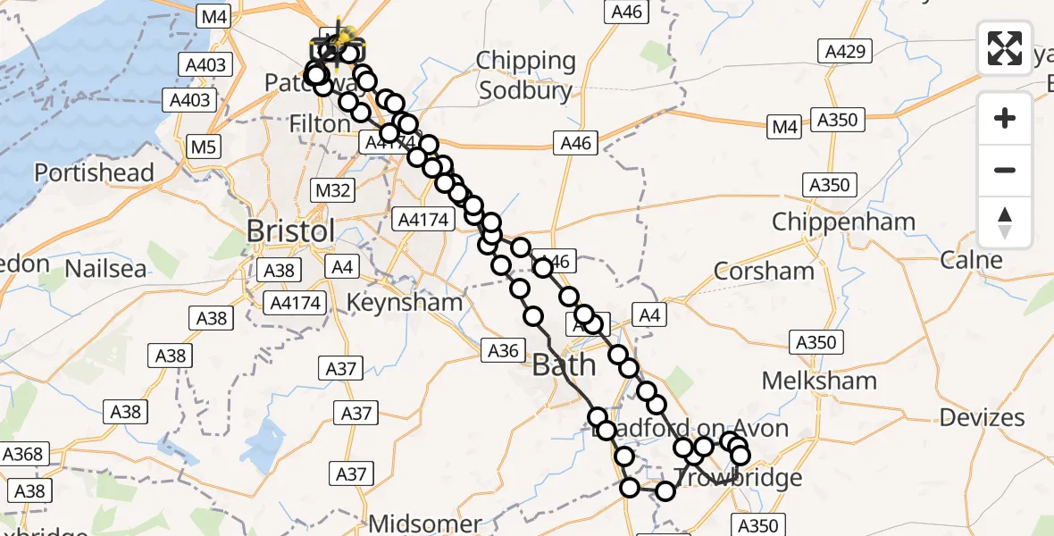 Flight route map: Police Helicopter to Almondsbury Helicopter Base, Almondsbury Helicopter Base