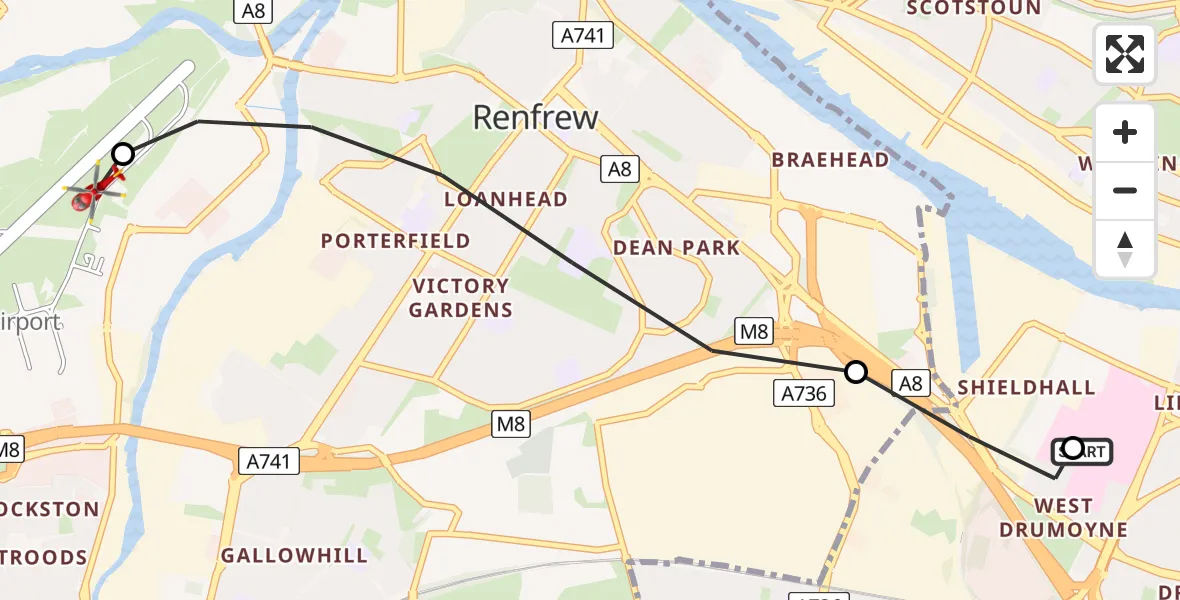 Flight route map: Air Ambulance Helicopter to Glasgow Airport, Glasgow Airport