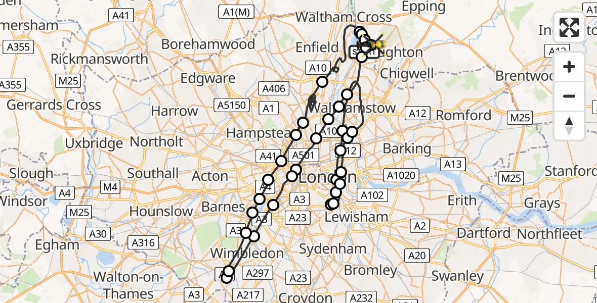 Flight route map: Police Helicopter to Metropolitan Police Air Support Unit Lippitts Hill, Metropolitan Police Air Support Unit Lippitts Hill