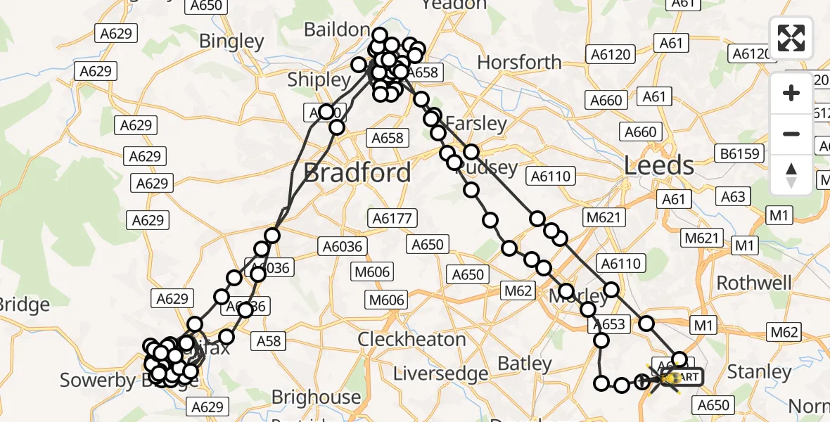 Flight path map showing Police Helicopter route from Wakefield to East Ardsley