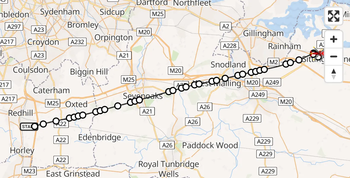 Flight route map: Air Ambulance Helicopter to Bobbing, Hilton Drive