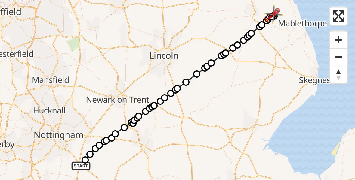Flight route map: Air Ambulance Helicopter to Grimoldby, Old Mill Lane