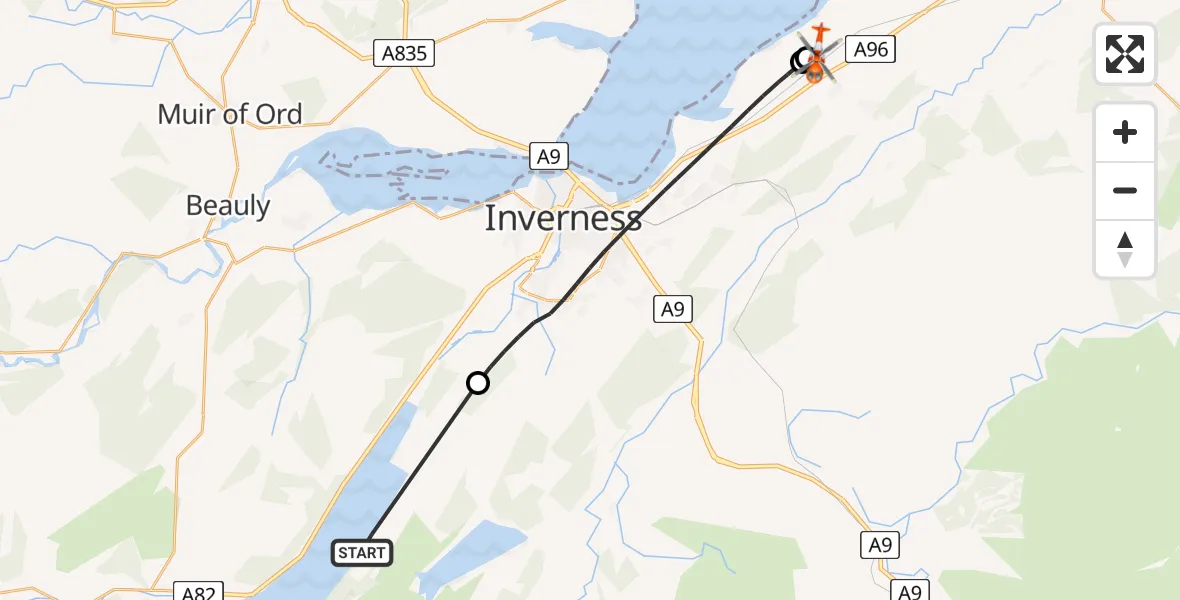 Flight route map: Coastguard Helicopter to Inverness Airport, Inverness Airport