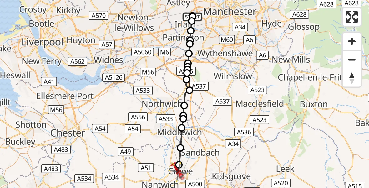 Flight route map: Air Ambulance Helicopter to Crewe, Samuel Street