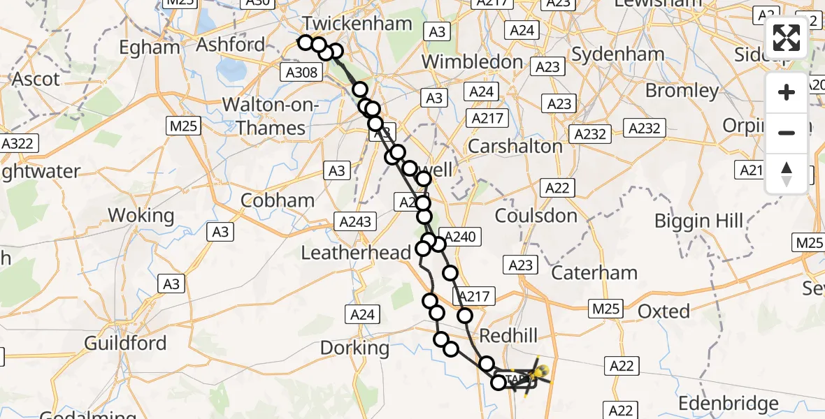Routekaart van de vlucht: Police Helicopter to Redhill Aerodrome, Redhill Aerodrome