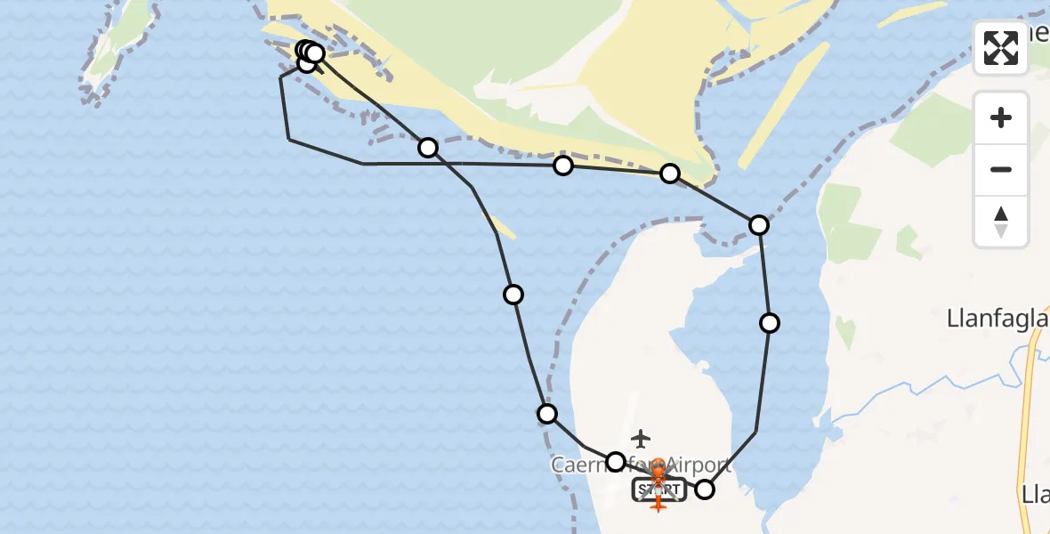 Flight route map: Coastguard Helicopter to Caernarfon Airport, Caernarfon Airport