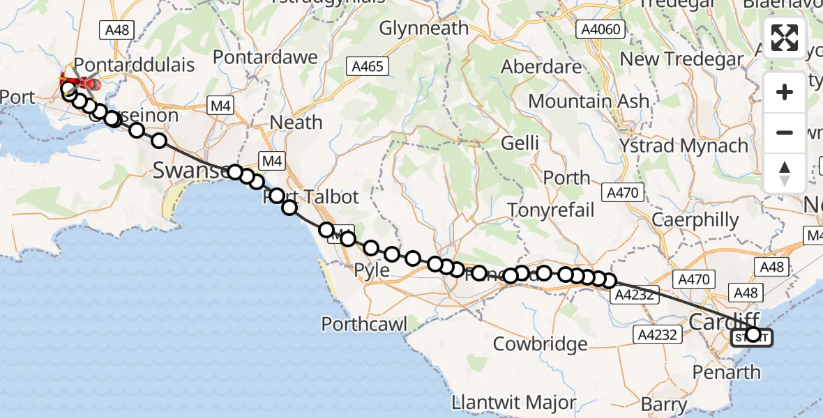 Flight route map: Air Ambulance Helicopter to Dafen, Heol Aur