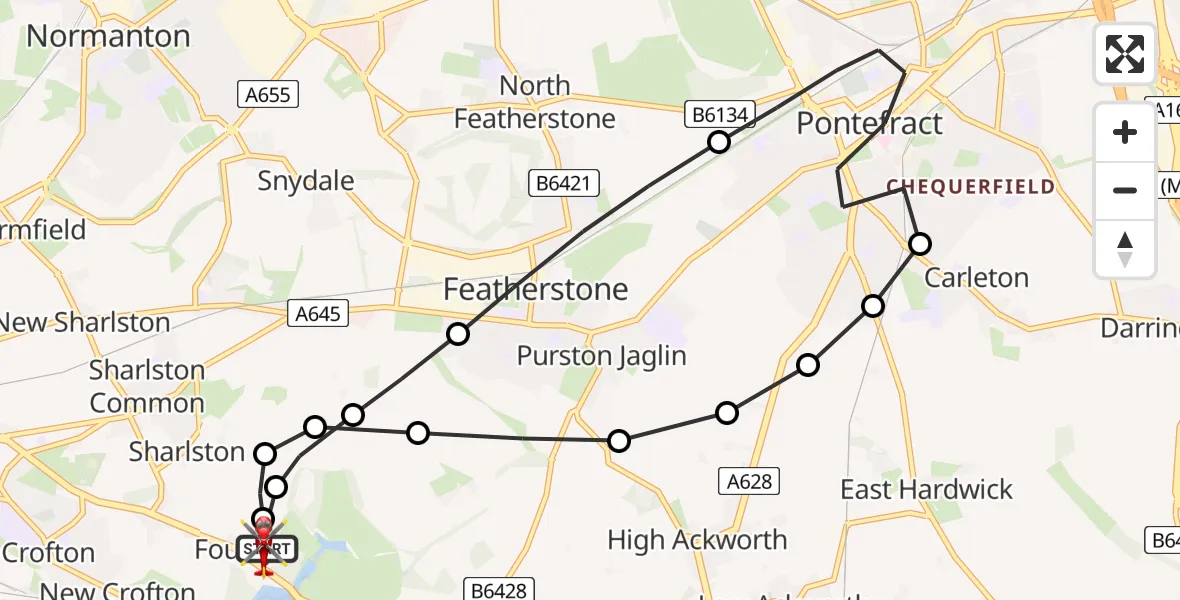 Flight route map: Air Ambulance Helicopter to YAA Nostell Helicopter Port, YAA Nostell Helicopter Port