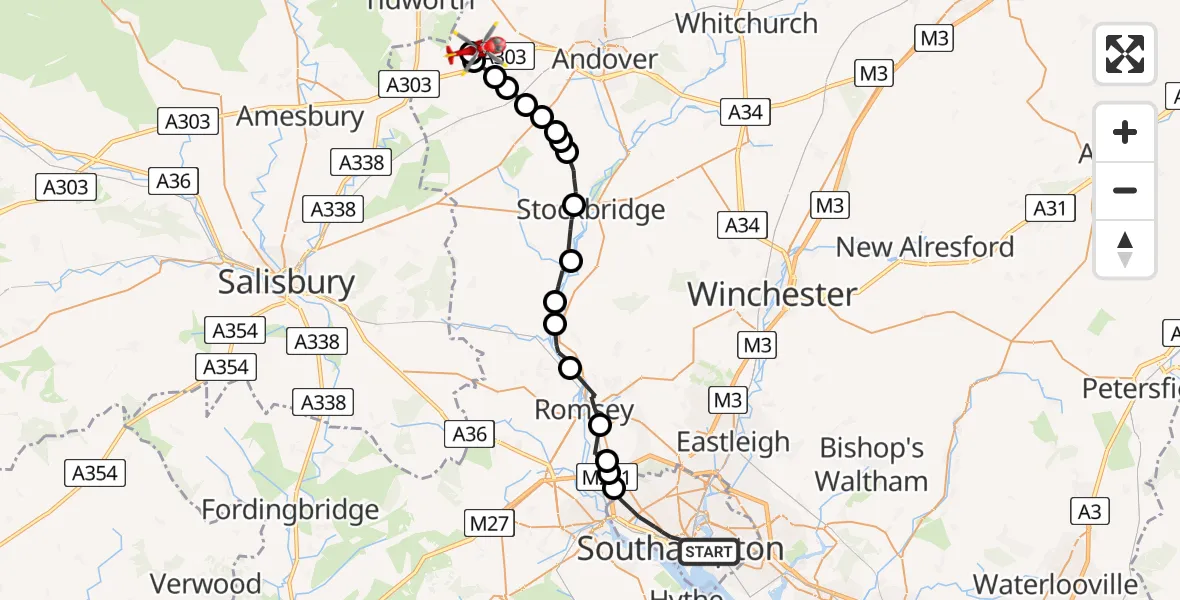 Flight route map: Air Ambulance Helicopter to Kimpton, Circuit Road