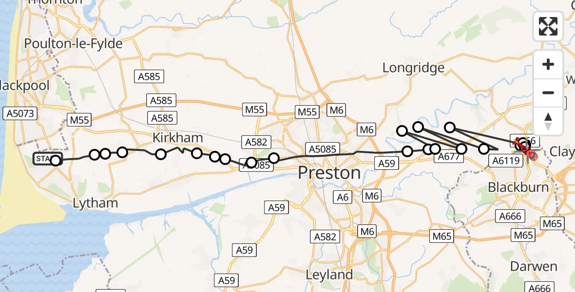 Flight route map: Air Ambulance Helicopter to Blackburn, Saint Gabriels Avenue