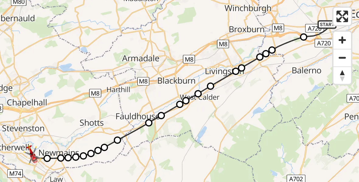 Flight route map: Air Ambulance Helicopter to Wishaw, Cleland Road