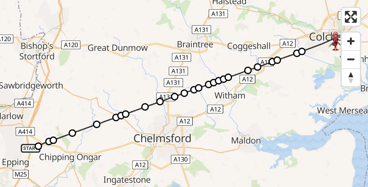 Flight route map: Air Ambulance Helicopter to Colchester, Circular Road East