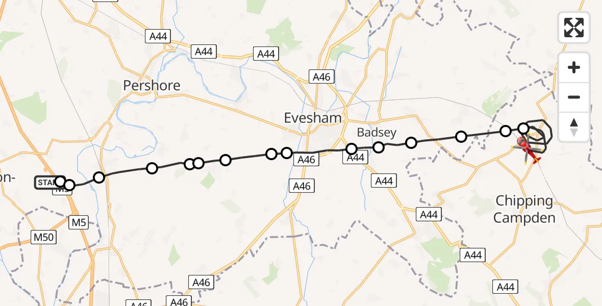Flight route map: Air Ambulance Helicopter to Cotswold, Cotswold