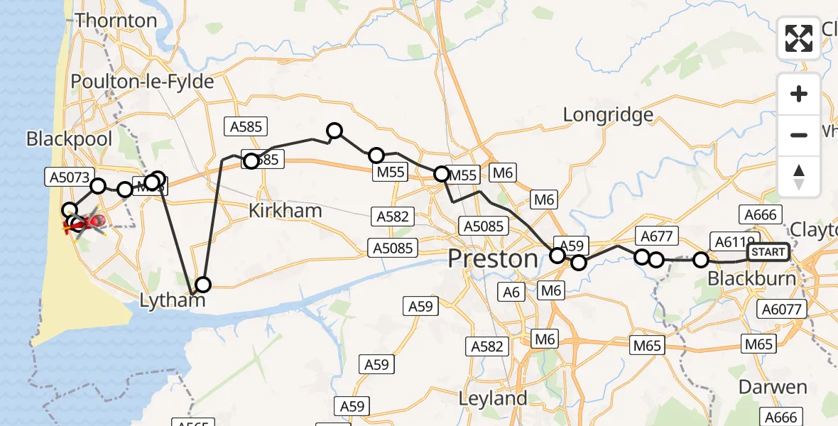 Flight route map: Air Ambulance Helicopter to Blackpool Airport, Blackpool Airport