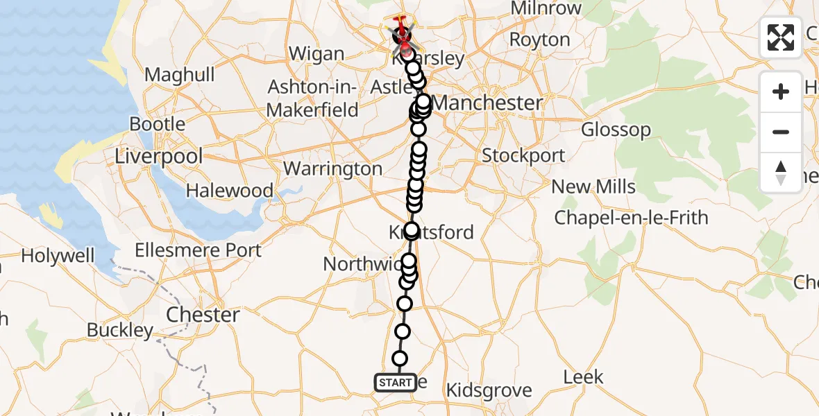 Routekaart van de vlucht: Air Ambulance Helicopter to Farnworth, Rothwell Street