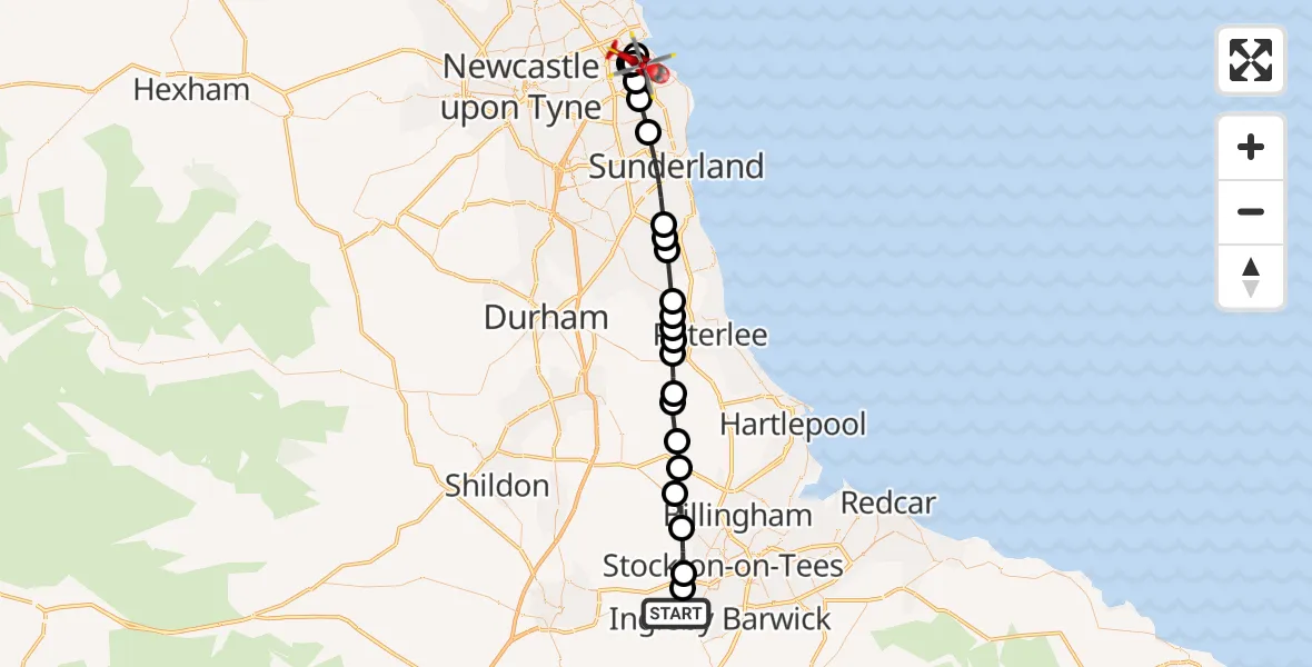 Flight route map: Air Ambulance Helicopter to South Shields, Cone Street