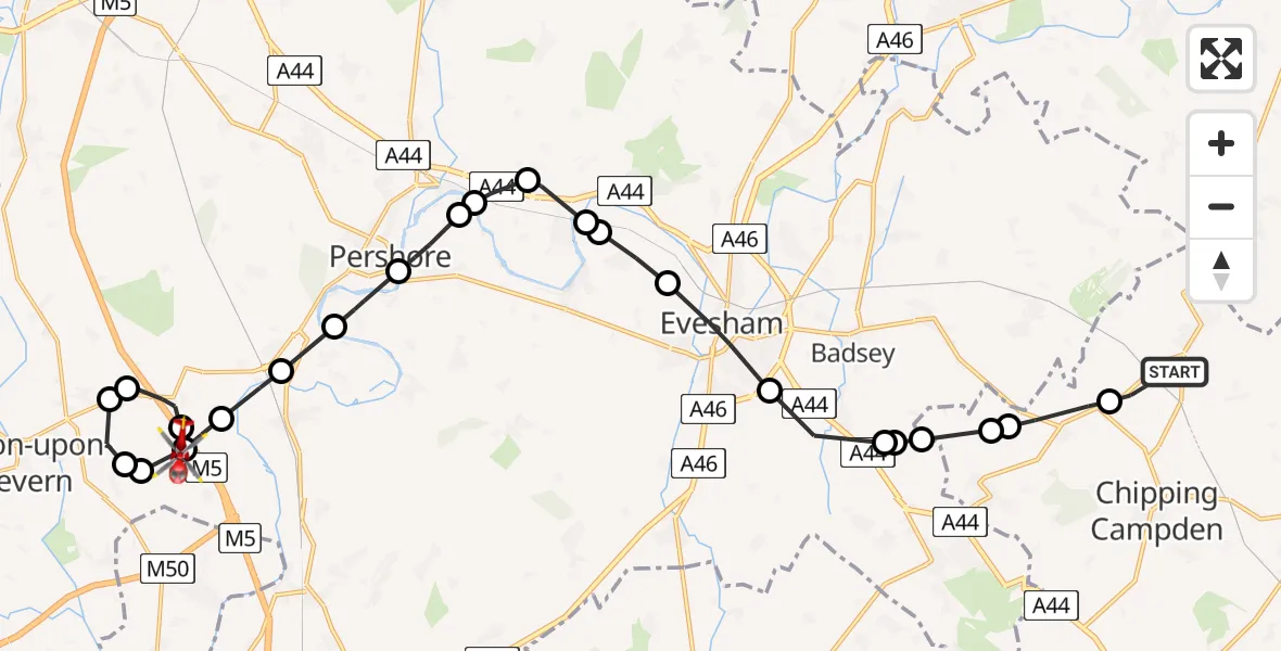 Routekaart van de vlucht: Air Ambulance Helicopter to Hill Croome, Baughton Lane