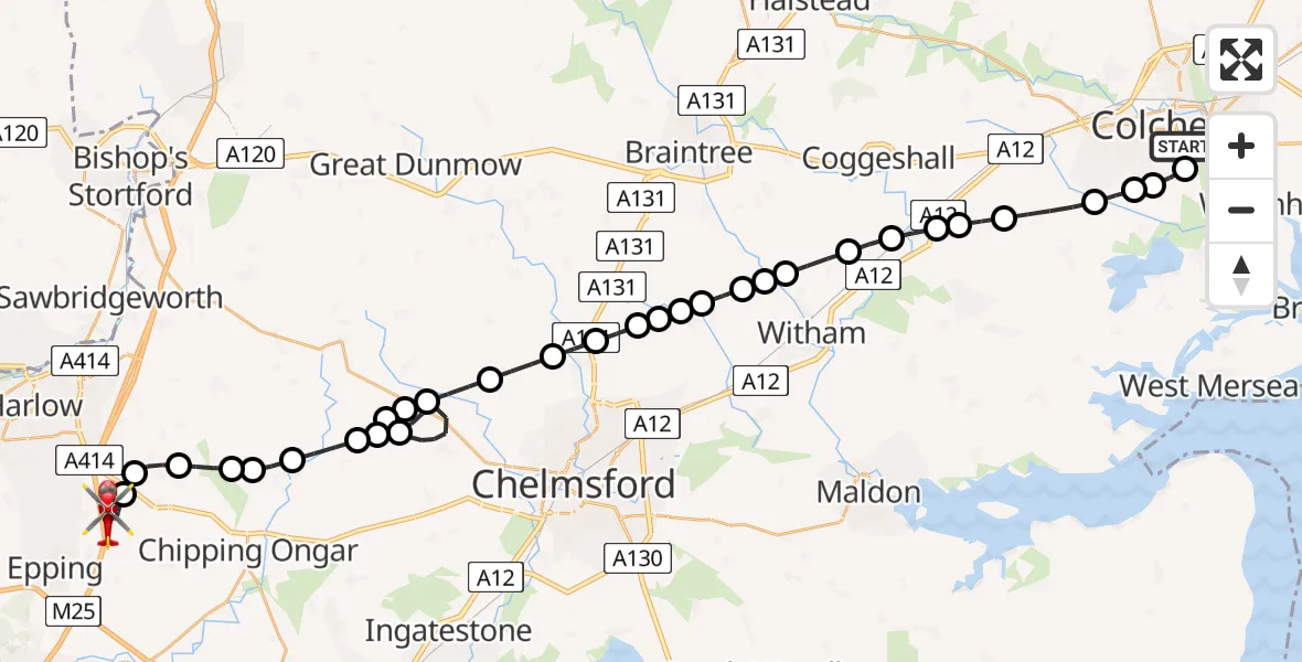Flight route map: Air Ambulance Helicopter to North Weald Airfield, North Weald Airfield