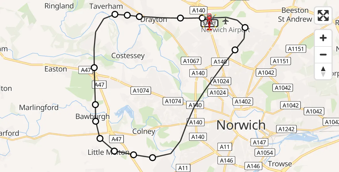 Flight route map: Air Ambulance Helicopter to Norwich Airport, Norwich Airport