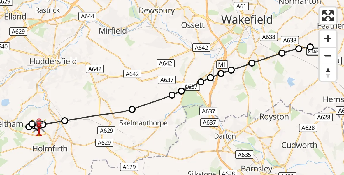Flight route map: Air Ambulance Helicopter to Netherthong, Oldfield Road