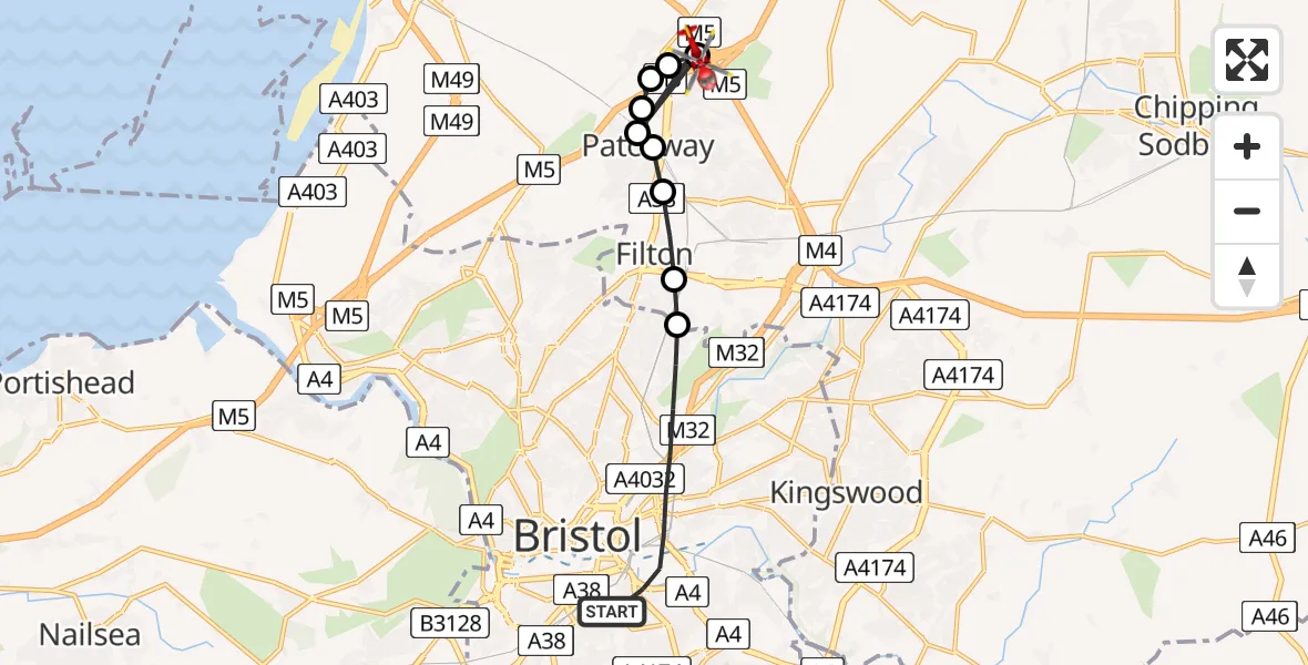 Flight route map: Air Ambulance Helicopter to Almondsbury Helicopter Base, Almondsbury Helicopter Base
