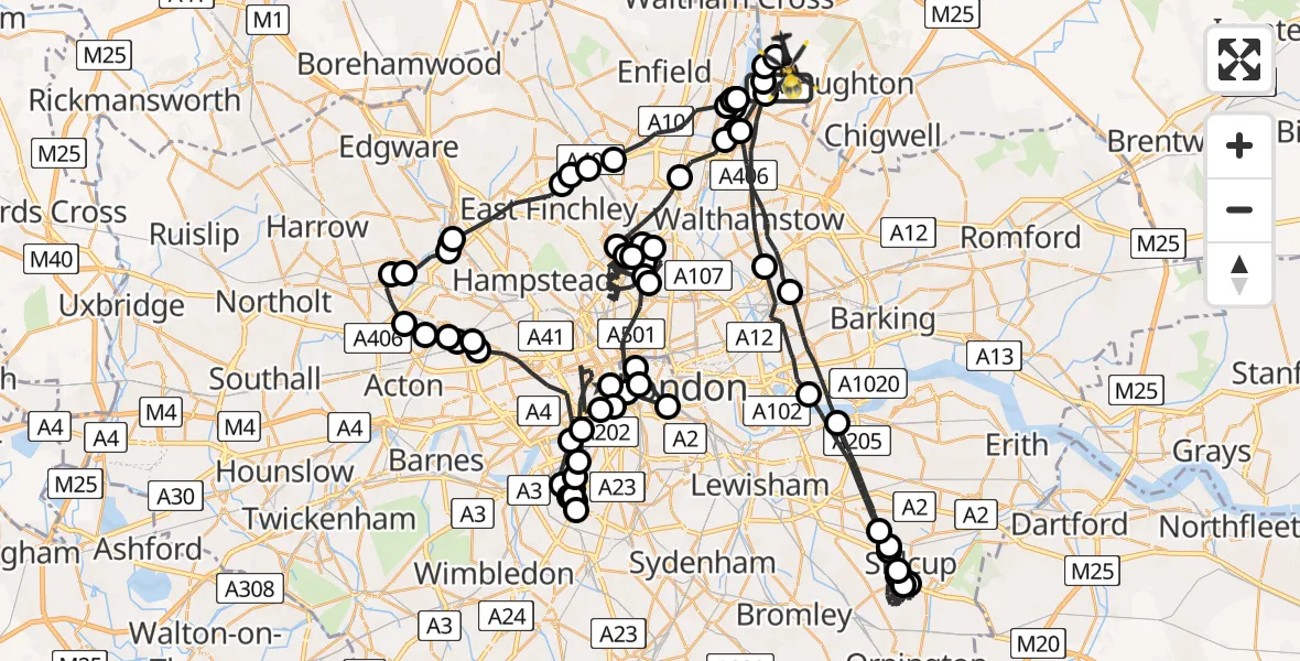Flight route map: Police Helicopter to Sewardstonebury, Green Lane
