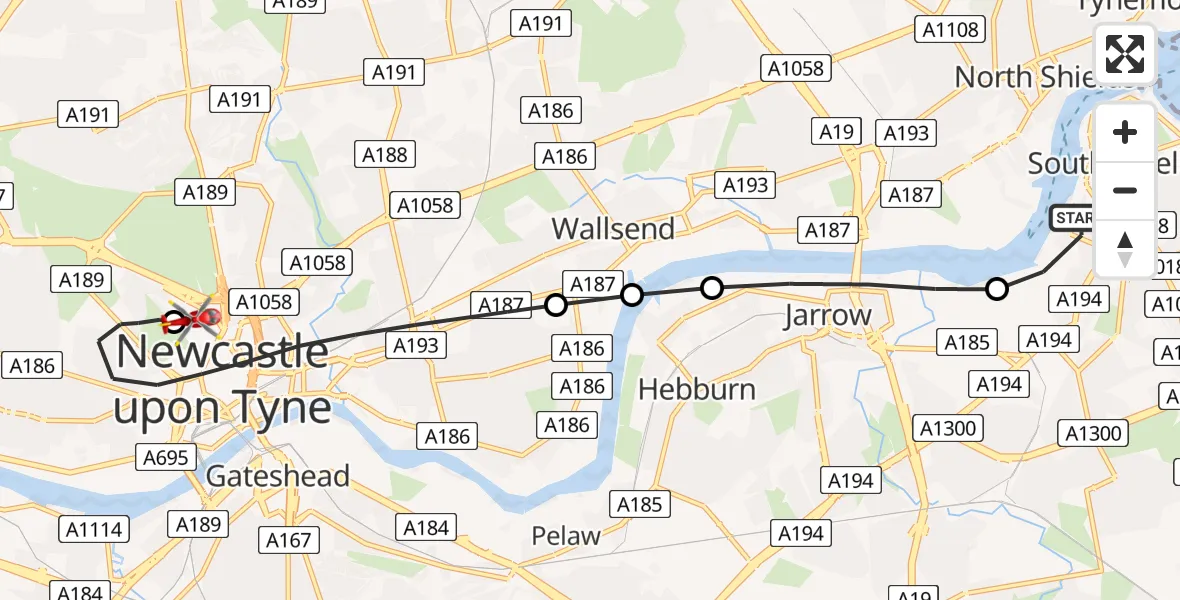 Flight route map: Air Ambulance Helicopter to Newcastle Royal Victoria Infirmary, Newcastle Royal Victoria Infirmary