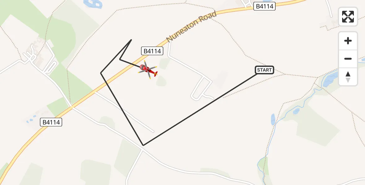 Flight route map: Air Ambulance Helicopter to Ansley CP, Nuneaton Road