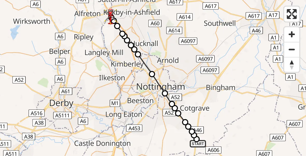Routekaart van de vlucht: Air Ambulance Helicopter to Pinxton, Wharf Road