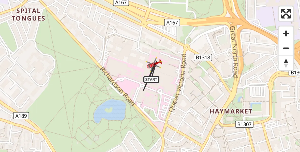 Flight route map: Air Ambulance Helicopter to Newcastle Royal Victoria Infirmary, Newcastle Royal Victoria Infirmary