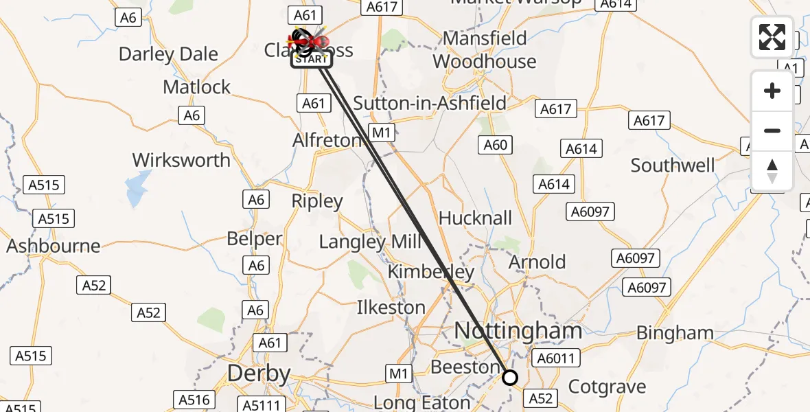 Routekaart van de vlucht: Air Ambulance Helicopter to Old Tupton, Derby Road