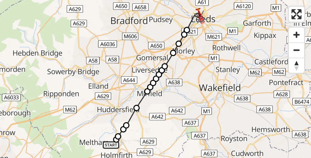 Routekaart van de vlucht: Air Ambulance Helicopter to Leeds, Little Woodhouse Street