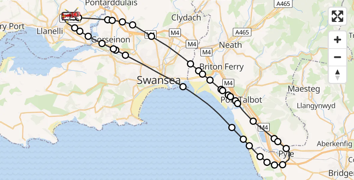 Flight route map: Air Ambulance Helicopter to Dafen, Heol Aur