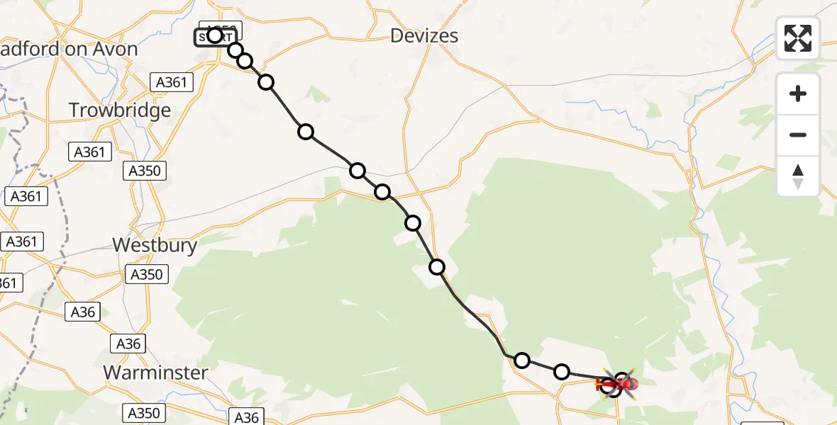 Routekaart van de vlucht: Air Ambulance Helicopter to Shrewton, B3086