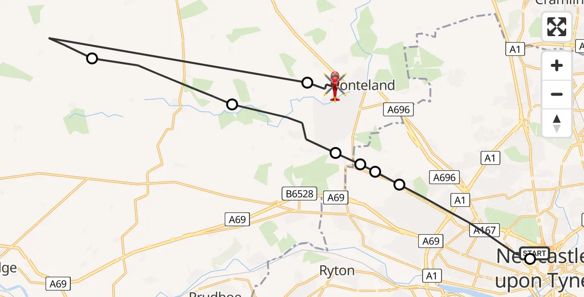 Flight route map: Air Ambulance Helicopter to Ponteland, Limestone Lane