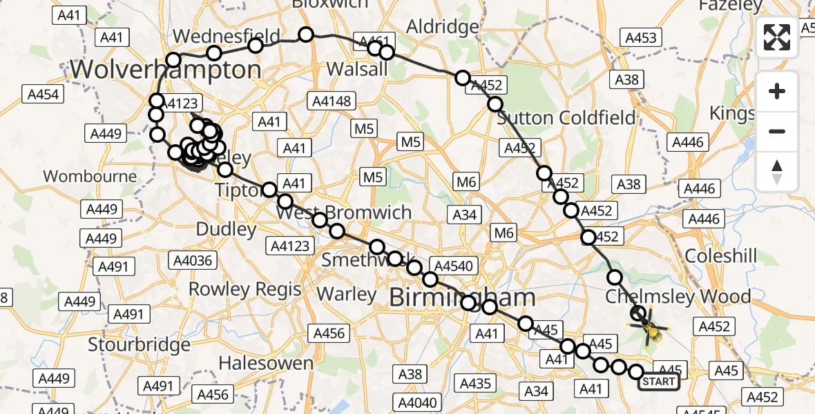Routekaart van de vlucht: Police Helicopter to Tile Cross, The Radleys