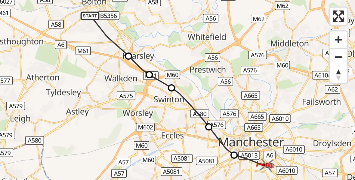 Routekaart van de vlucht: Air Ambulance Helicopter to Manchester, Lincoln Grove