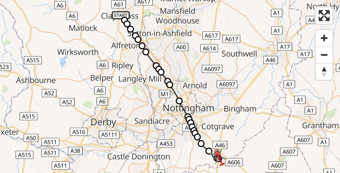 Routekaart van de vlucht: Air Ambulance Helicopter to Nottingham Heliport, Nottingham Heliport