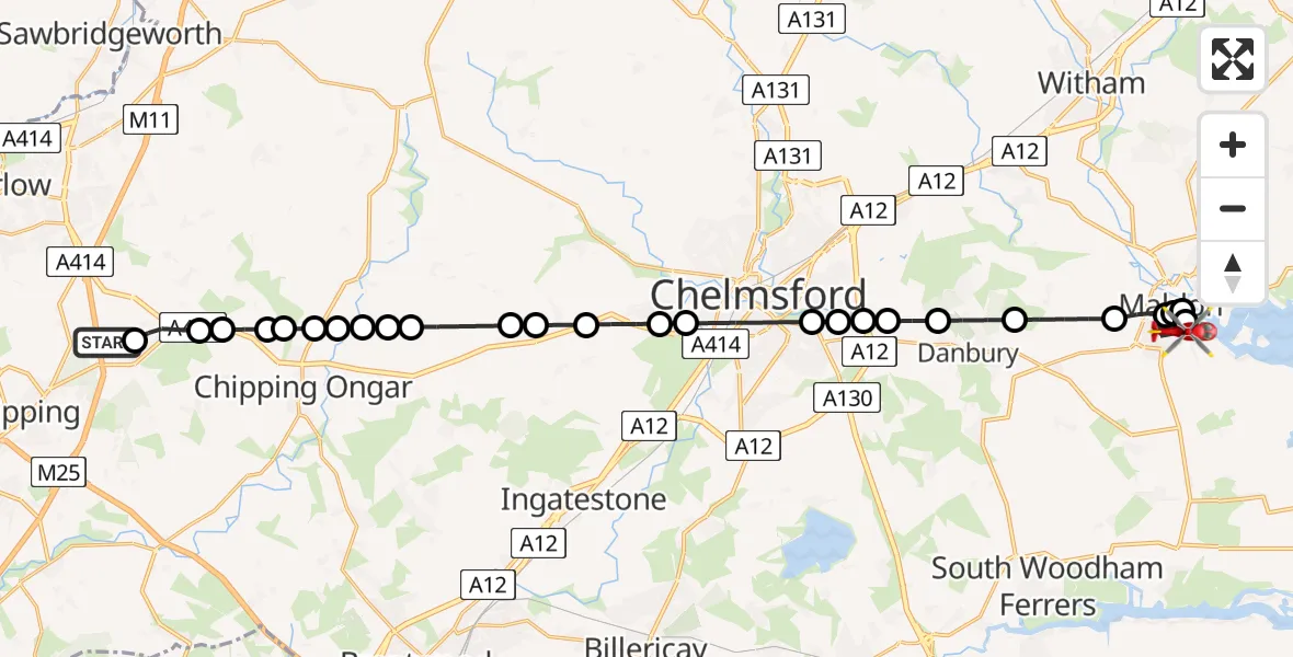 Routekaart van de vlucht: Air Ambulance Helicopter to Maldon, Mundon Road