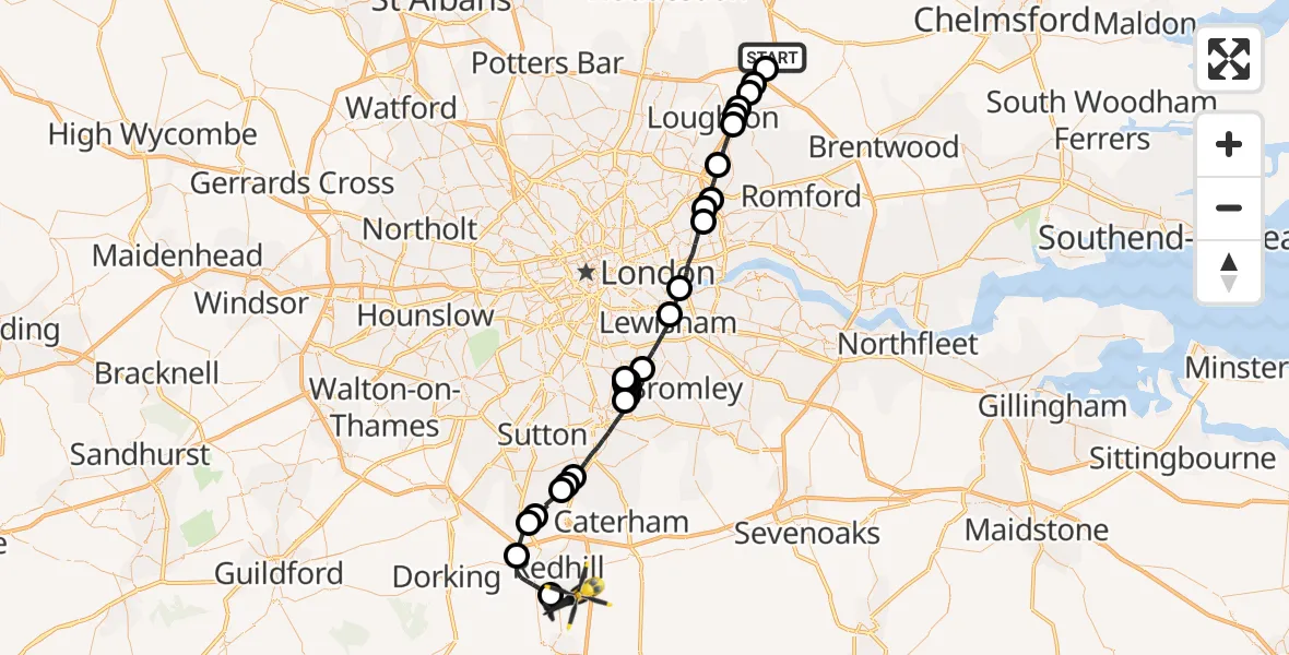 Flight route map: Police Helicopter to Redhill Aerodrome, Redhill Aerodrome