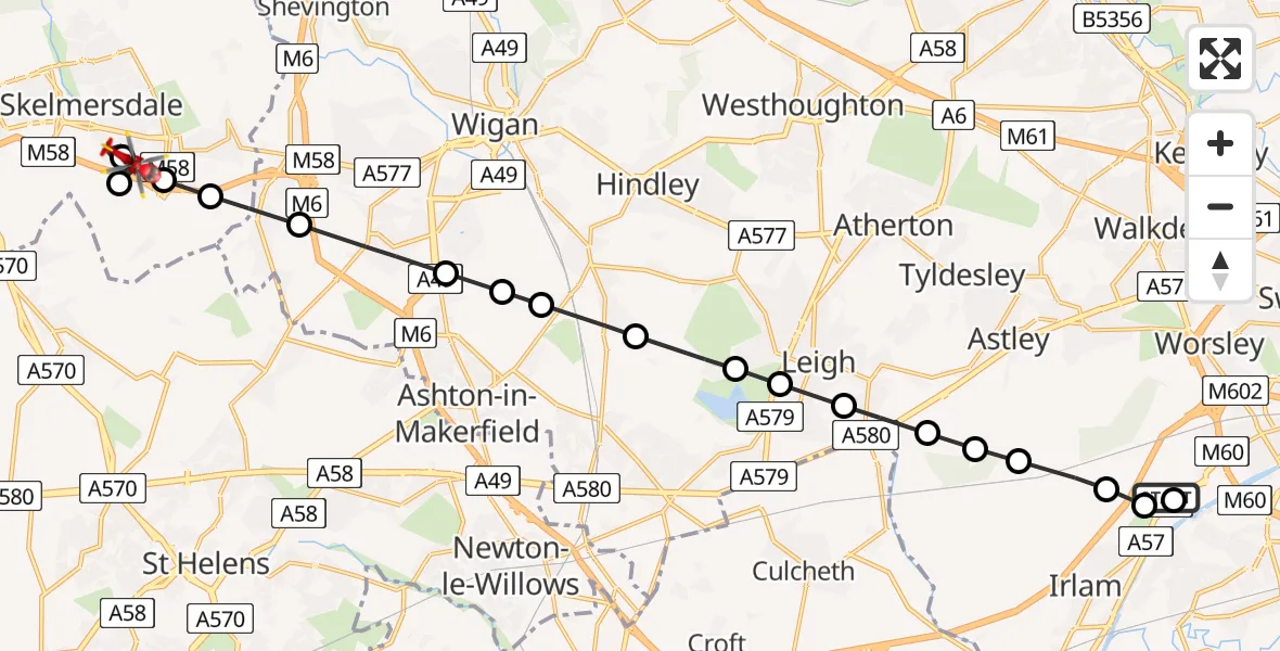 Flight route map: Air Ambulance Helicopter to Skelmersdale, Birkrig