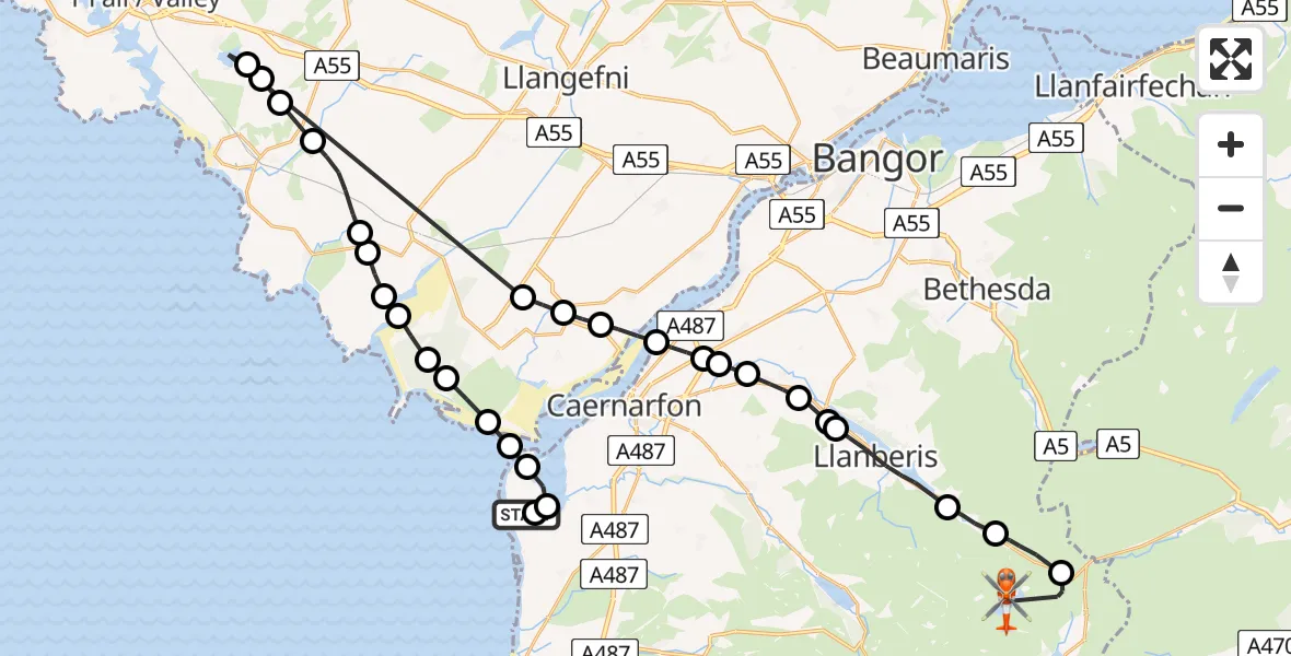 Flight route map: Coastguard Helicopter to Beddgelert, Miners' Track