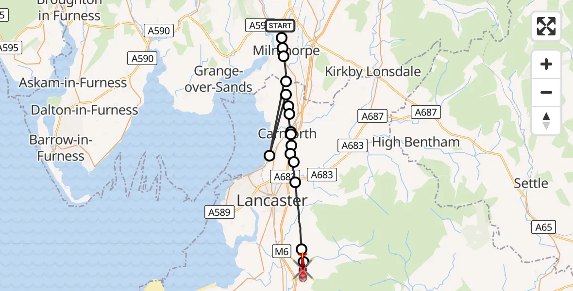 Routekaart van de vlucht: Air Ambulance Helicopter to Ellel, Stoney Lane