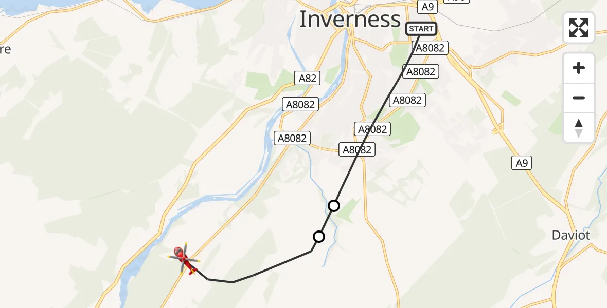Flight path map showing Air Ambulance Helicopter route from Inverness to Inverness