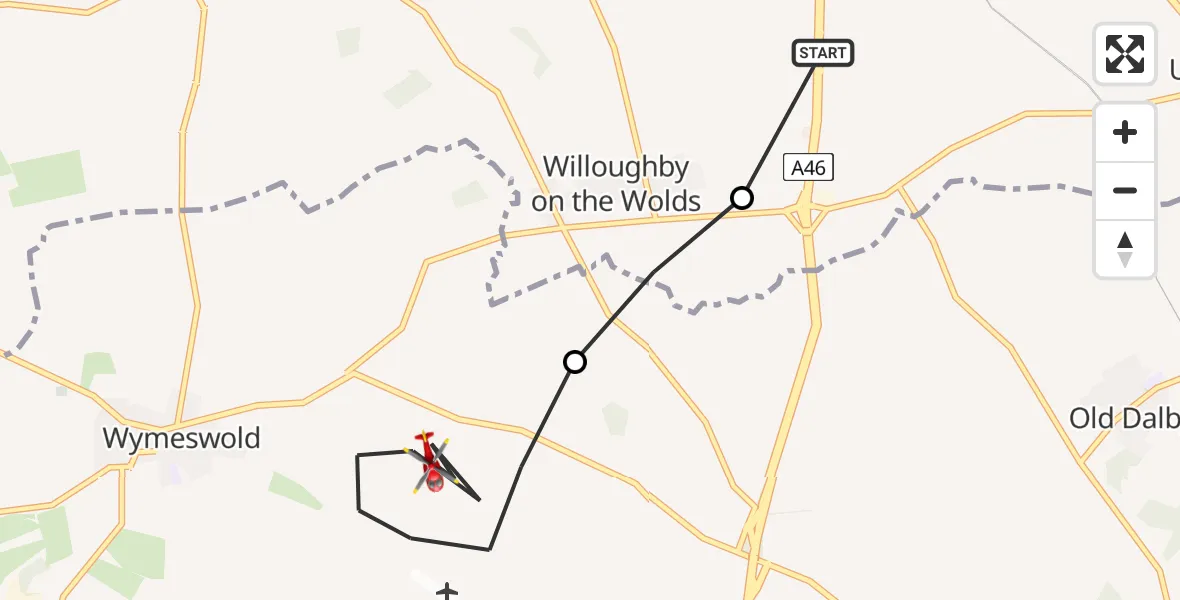 Flight route map: Air Ambulance Helicopter to Wymeswold, Wide Lane