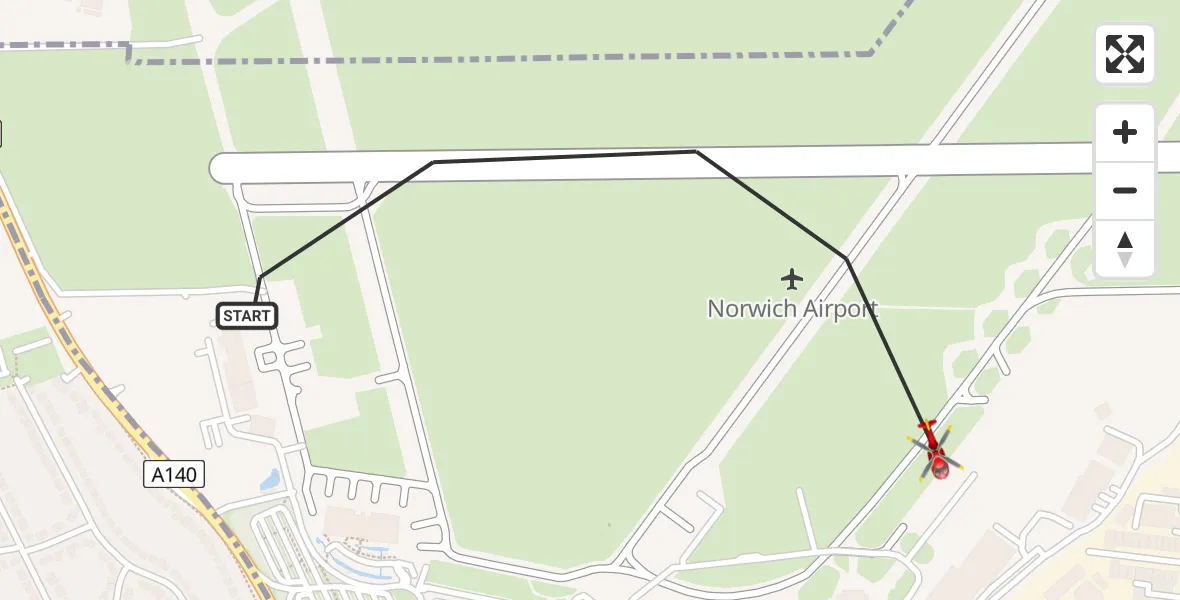 Flight route map: Air Ambulance Helicopter to Norwich Airport, Norwich Airport